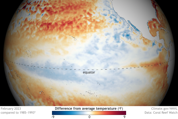 Globe-style map of tropical pacific sea surface temperature patterns in February 2023