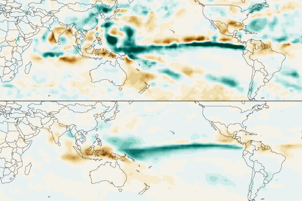 global maps of rainfall in Jun-Aug 2023 compared to all-ENSO-years average