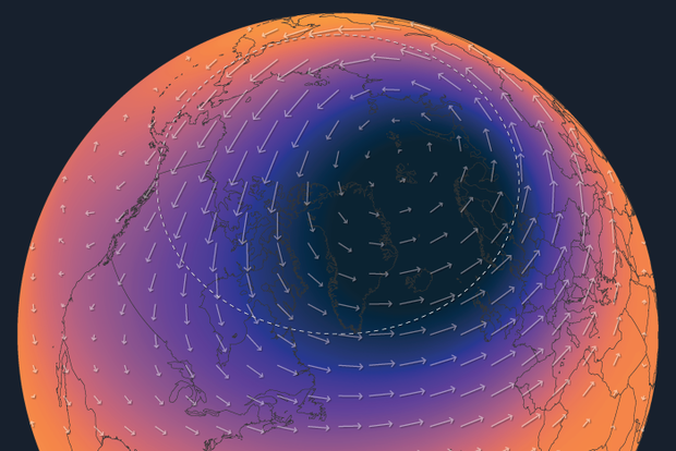Globe-style map of polar temperatures and wind direction
