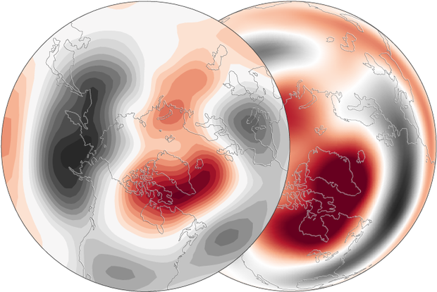 Globe-style maps showing similar atmospheric pressure patterns