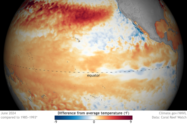 Globe-style map of sea surface temperatures in the Pacific Ocean showing cool water in the eastern Pacific at the equator