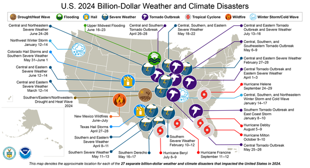 Map of United States with icons showing location and type of billion-dollar disasters in 2024