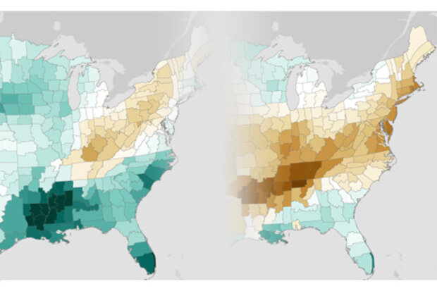 Cold season (October-March) precipitation in 1982-83 (top) and 1965-66 (bottom) compared to the 1951-2010 average