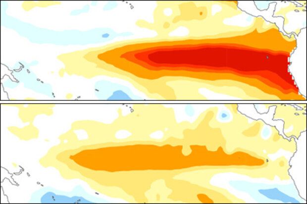 Image of sea surface temperature anomalies (departures from average) during November 1997–January 1998