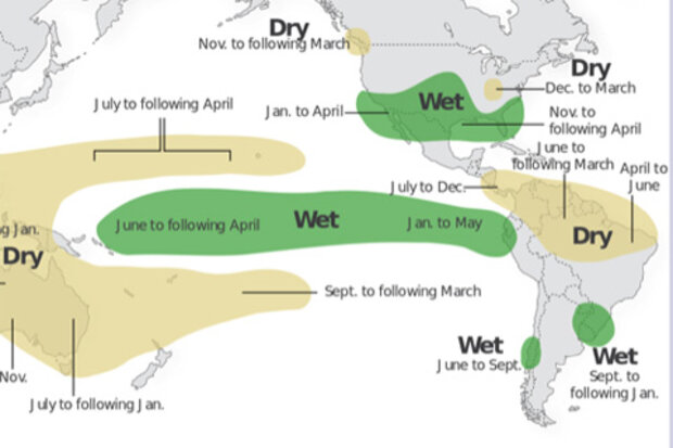 Cropped map of typical El Niño and La NIña impacts worldwide