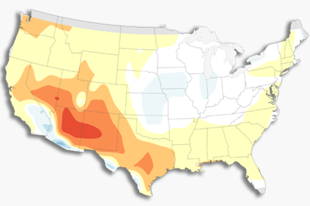 Map of Lower 48 United States showing the relative skill of seasonal outlooks in different places