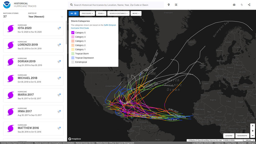 Historical Hurricane Tracks - GIS Map Viewer | NOAA Climate.gov