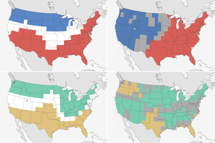 Four small U.S. maps showing predicted comapred to actual winter temperature and precipitation
