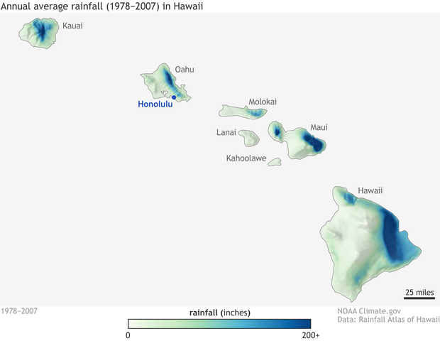 Map of annual total rainfall across Hawaiian Islands