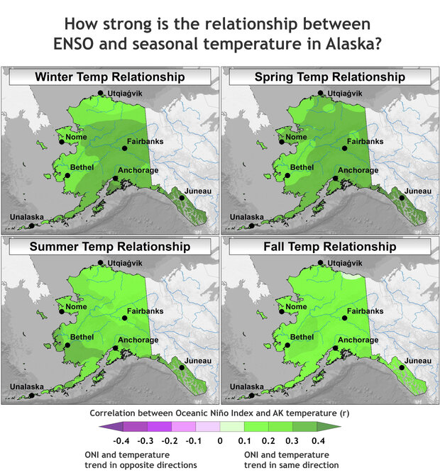 Maps of Alaska for each season showing the strength of the connection between ENSO and average air temperature
