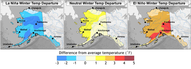 Three maps of Alaska showing typical temperature anomalies during phases of ENSO
