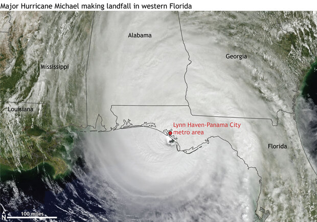 Photo-like satellite image of Hurricane Michael making landfall in Florida