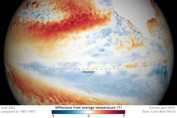 Globe-style map showing sea surface temperature anomalies in the tropical Pacific Ocean in June 2022