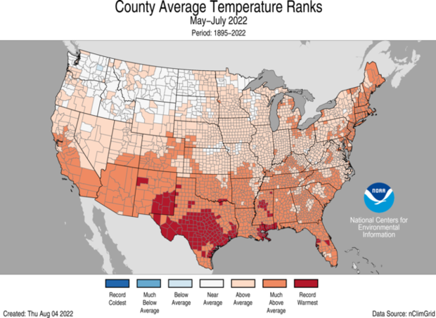 May–July temperature ranks for the contiguous United States showing record warmth in Texas