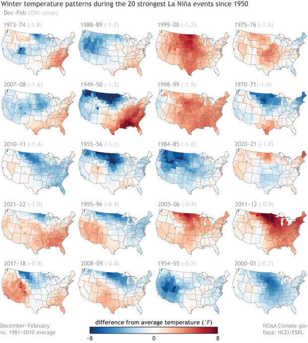 Five rows of small U.S. maps showing winter temperature patterns during the 20 strongest La Niña events on record