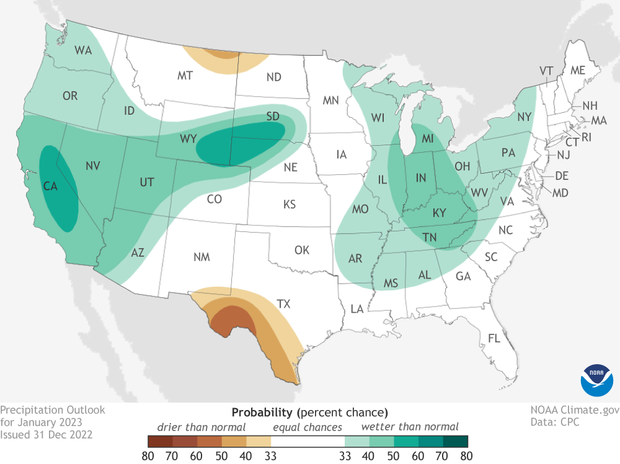 January 2023 precipitation outlook. Blues over western US, Great Lakes, northern Plains and Tennessee Valley indicate where odds favor a wetter than average month. Browns over southern Texas indicates where odds favor a drier than average month.