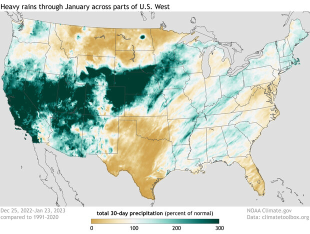 U.S. map of percent of normal precipitation for Dec 25-Jan 23