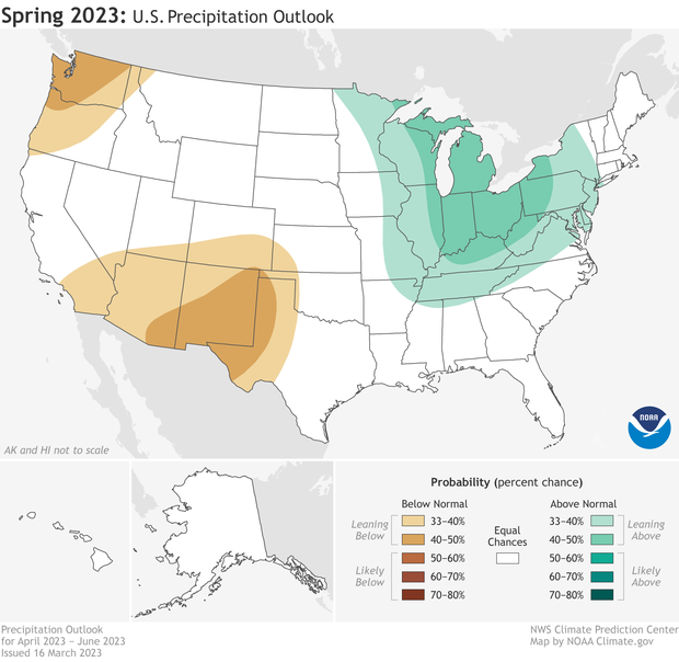 Map of United States showing locations and probability of much wetter than usual or drier than usual conditions in spring 2023