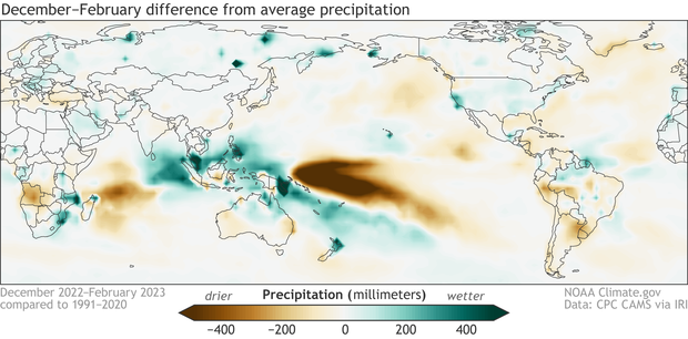 Map showing global precipitation patterns in winter 2022-23