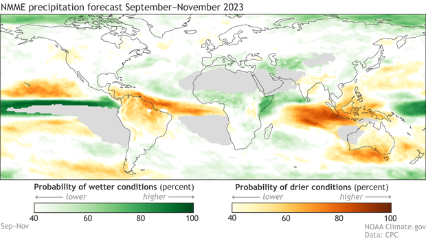 global map of predicted fall 2023 precipitation patterns