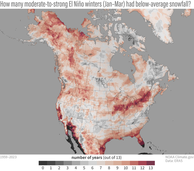Map of North America showing number of moderate-to-strong El Niño years with below-average snowfall