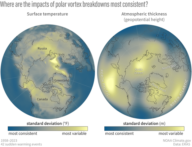 Maps of event-to-event variability in surface temperatures and atmospheric thickness