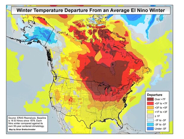 map of difference of 2023/24 winter temp from average El Nino