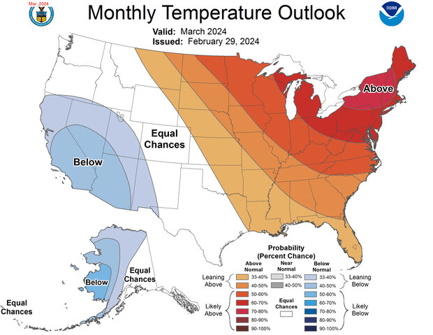 U.S. map showing March 2024 temperature outlook probabilities