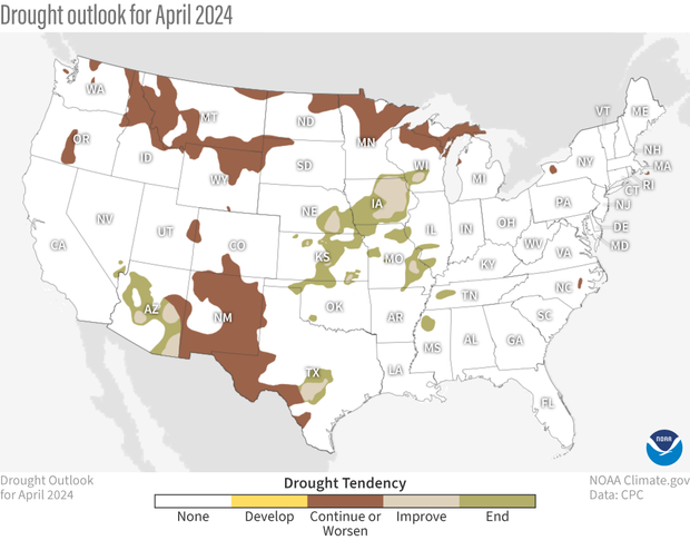 Map of contiguous United States showing drought forecast for April 2024