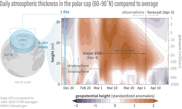 Pressure vs time contour plot of observed and forecast atmospheric thickness anomalies