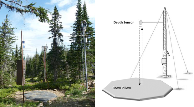 Photo on the left of pine trees with instrument towers and a cleared pad in the center with a matching diagram on right