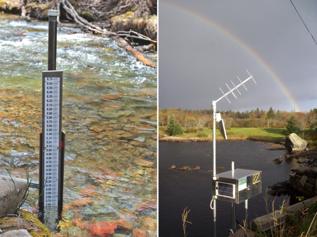 Ruler sticking out of flowing water, rainbow over an instrument with an antenae next to water