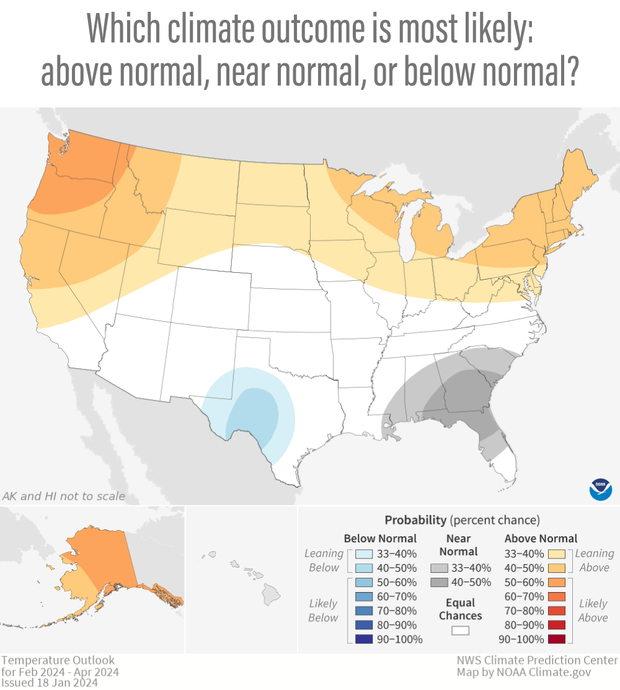 Map of U.S. temperature outlook for spring 2024 showing which areas are expected to have a relatively warm, cool, or near average spring