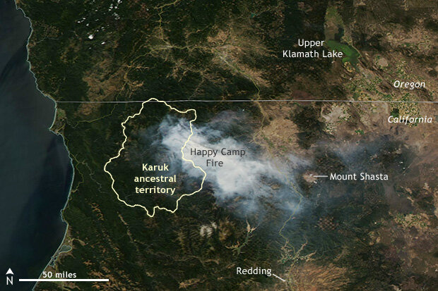 Photo-like satellite image of Pacific Northwest showing Karuk tibal territory