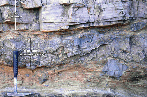 Photo of cap dolostone overlying jumbled sedimentary rock in Namibia