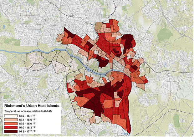 Map of neighborhoods that experience the greater temperature increases between afternoon and morning