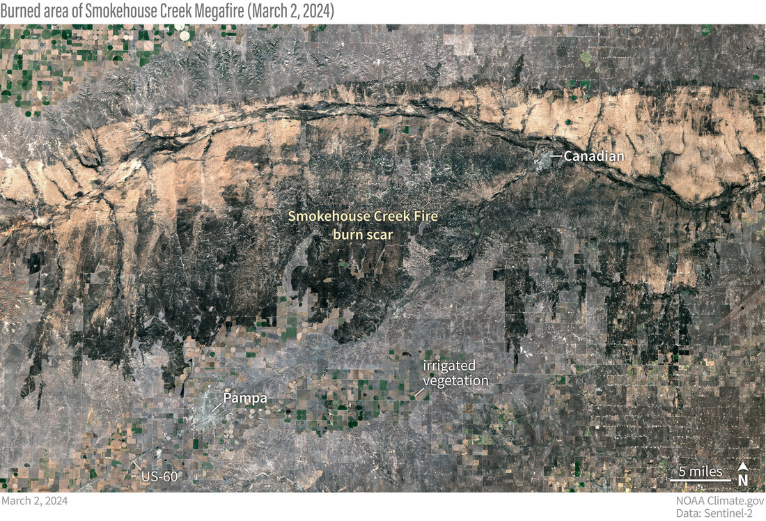 High resolution satellite image of the Smokehouse Creek Fire burn scar in the northern Texas panhandle.