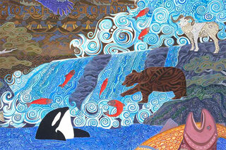 Oil painting showing animals and water