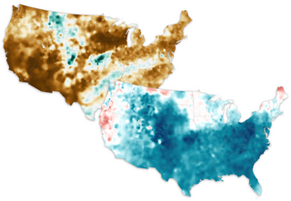 Two U.S. maps partially overlapping showing temperature and precipitation anomalies for January 2025