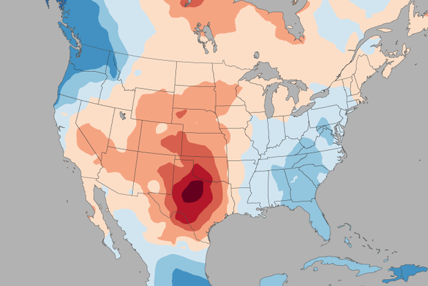 U.S. map showing pattern of extreme heat in Southern Plains that occurs in early summer when the previous winter was a La Niña one