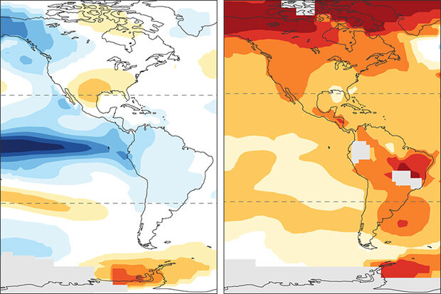 Side-by-side maps of eastern Pacific showing La Niña temperature patterns versus global warming trends