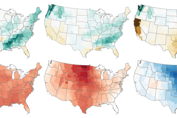 two rows of small U.S. maps of temperature and precipitation patterns