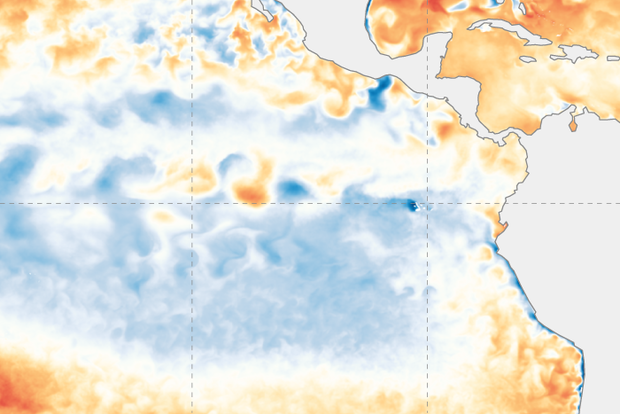 Sea surface temperature anomaly in January 2023. Blues over equator in Pacific indicate cooler than average waters. Reds north and south indicate above-average ocean temperatures.