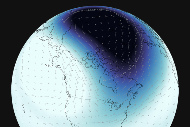 Map showing polar vorext location and wind speeds