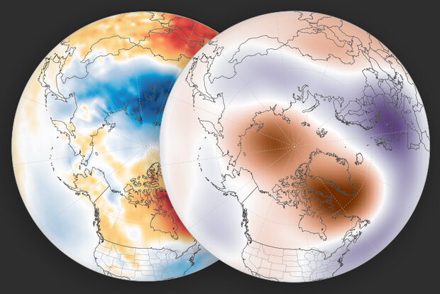 Two maps of the Northern Hemisphere showing surface temperatures and atmospheric thickness