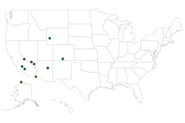 A map of the 10 places with the lowest annual precipitation in the United States