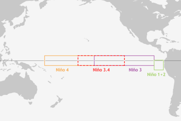 Small map illustration of location of ENSO-monitoring regions of the tropical Pacific Ocean